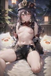 ai_generated blush boo_tao_(genshin_impact) breasts edosynf female genshin_impact hair_between_eyes hat highres hu_tao_(genshin_impact) looking_at_viewer navel night nipples shorts sitting small_breasts smile solo