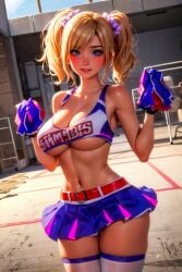 1girls ai_generated belt blonde_hair blue_eyes cheerleader cheerleader_uniform cleavage crop_top cute female fr34ky juliet_starling large_breasts lollipop_chainsaw looking_at_viewer miniskirt navel pom_poms skimpy skirt smile solo thighhighs twintails underboob