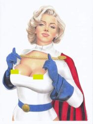 1girls beauty_mark big_breasts bimbo blonde_hair boob_window breasts busty cape celebrity censored cosplay curvy dc female female_only gloves karen_starr kryptonian light-skinned_female light_skin lipstick marilyn_monroe power_girl power_girl_(cosplay) short_hair solo solo_female superheroine superman_(series) tim_grayson voluptuous voluptuous_female wide_hips