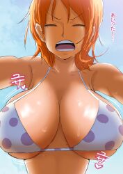 1girls big_breasts bikini bikini_top boobs bouncing_breasts breast_focus breasts busty cleavage closed_eyes female female_only hanging_breasts huge_breasts kanbarrn nami one_piece orange_hair pre-timeskip red_hair redhead short_hair solo sweat tits