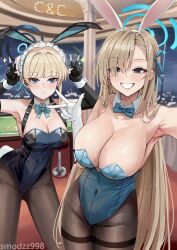 2girls asuna_(blue_archive) asuna_(bunny)_(blue_archive) blonde_hair blue_archive blue_eyes breast_size_difference breasts bunny_ears bunny_girl bunnysuit casino cleavage comparing_breasts female hair_over_one_eye height_difference highleg_leotard indoors large_breasts leotard light-skinned_female light_skin long_hair medium_breasts medium_hair millennium_science_school_student mole_on_breast pantyhose selfie smile smodzz toki_(blue_archive)