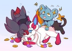 ambiguous_gender black_body black_fur bloowolfy blue_body blue_eyes blue_fur coin eeveelution feral feral_on_feral feral_penetrated feral_penetrating feral_penetrating_feral fur generation_4_pokemon generation_5_pokemon generation_6_pokemon group hi_res male male/ambiguous multicolored_body nintendo penetration pokemon pokemon_(species) red_body red_fur sex shinx sylveon trio white_body white_fur yellow_eyes zorua