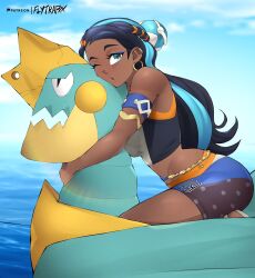 1girls black_hair blue_eyes dark-skinned_female drednaw earrings female flytrapxx hug huge_ass looking_at_viewer nessa_(pokemon) pokémon_(species) pokemon pokemon_ss swimsuit two_tone_hair