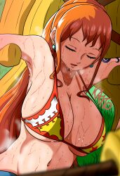 1girls armpits big_breasts bikini_top breasts cleavage emuryu1530 female female_only huge_breasts jeans kaito_(artist) lifted_by_another nami one_piece orange_hair ponytail post-timeskip solo sweat sweaty sweaty_body sweaty_breasts unconscious wet_body