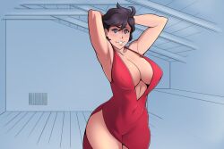 armpits artist_request big_breasts character_request dress jane_(snow_daze) milf red_dress revealing_clothes snow_daze