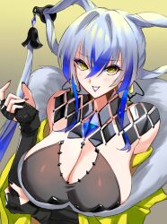 1girls bare_shoulders black_gloves blue_highlights blush breasts breasts_bigger_than_head cleavage earrings elbow_gloves female female_only fingerless_gloves fur fur_collar fur_trim gloves hair_clips hair_ornament highres huge_breasts jacket jewel jewelry lipstick long_hair looking_at_viewer makeup masha_(xenoblade) nail_polish negresco nintendo purple_lipstick silver_hair smile smiling very_long_hair xenoblade_(series) xenoblade_chronicles_3 yellow_eyes yellow_jacket