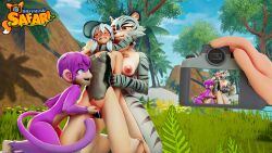 3d 3d_(artwork) 3girls anthro big_breasts blue_eyes blush breasts brown_eyes clothing flat_chest forest kinky_fridays light-skinned_female light_blue_hair monkey monkey_ears monkey_girl pink_nipples pussy_juice pussy_juice_drip sapphire_safari tiger tiger_ears tiger_girl tiger_tail yuri