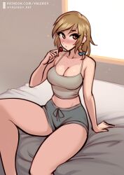 1girls bed bed_sheet blonde blonde_female blonde_hair blush braid braided_hair breasts candy cleavage clothed commission eyeliner female final_fantasy final_fantasy_xiv freckles freckles_on_arms freckles_on_breasts freckles_on_chest hazel_eyes highres hips hourglass_figure hyur large_breasts light-skinned_female light_skin lollipop looking_away mideen_forrane midlander sfw shorts solo tank_top valerie-v white_shirt winged_eyeliner