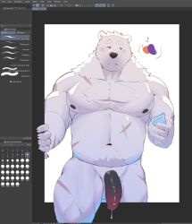 1boy 1male 2023 anthro bear belly big_penis bodily_fluids border breaking_the_fourth_wall clip_studio_paint condom darkened_genitalia darkened_penis digital_drawing_(artwork) digital_media_(artwork) english_text front_view fur genital_fluids genitals half-erect hi_res holding_condom holding_object kajin-sama lewd_symbolism looking_aside male male_only mammal musclegut muscular muscular_male nude outside_border outside_panel pecs penis pictographics polar_(kajin-sama) polar_bear portrait precum scars_all_over sexual_barrier_device solo solo_male text three-quarter_portrait ursine user_interface white_body white_fur