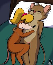 anthro ass bed blonde_hair brown_body brown_fur don_bluth duo embrace female female/female fur furniture genitals hair hi_res hug jhussethy mammal mouse mrs._brisby ms._fieldmouse murid murine nude pillow pussy rodent sleeping sleeping_together smile tail the_secret_of_nimh thumbelina_(1994_film) yuri