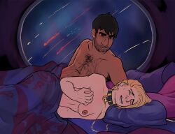 bed bedroom black_hair blonde_hair breast_grab breasts brown_skin collar dark-skinned_male doctor_who grabbing_own_breast hairy_chest interracial jodie_whittaker laying_on_side nipples sacha_dhawan stubble the_master thick_eyebrows thirteenth_doctor