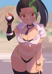 1girls bikini_bottom blush choker cleavage creatures_(company) crop_top cute embarrassed female female_only g-string game_freak hi_res high_resolution highleg highleg_panties highres legwear long_hair midriff navel necktie nemona_(pokemon) nintendo no_pants partially_visible_vulva poke_ball pokeball pokemon pokemon_(game) pokemon_sv seductive sidelocks slutty_outfit solo spring2013 thong thong_straps tie tights wide_hips