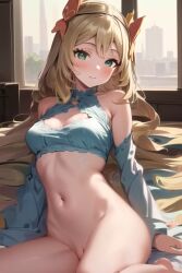 1girls ai_generated blonde_hair celine_(fire_emblem) female female_only fire_emblem fire_emblem_engage flower flower_in_hair green_eyes long_hair nintendo pussy yukino_ai