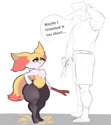 absurd_res anthro braixen chest_tuft colored dialogue duo faceless_character faceless_male featureless_crotch female generation_6_pokemon hi_res human looking_up male mammal monochrome nintendo pokemon pokemon_(species) pokephilia scissors shortstack size_difference sketch the_k-hole_(artist) thick_thighs tuft