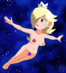 blonde_hair blue_eyes breasts casual convenient_censoring crown earrings female headwear human kairu-hakubi mario_(series) navel nintendo nude nude_female nudist outer_space pale_skin princess_rosalina retropunch space star_bits super_mario_galaxy