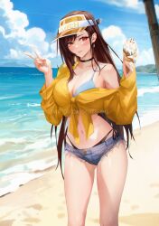 beach big_breasts black_bikini_bottom blue_bikini_top booty_shorts brown_hair daisy_dukes female female_only final_fantasy final_fantasy_vii final_fantasy_vii_remake hips ice_cream legs open_shirt outdoors red_eyes smirking spykeee tifa_lockhart v visor_cap yellow_shirt