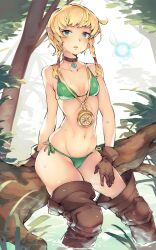 bikini blonde_hair boots clothing collar fit_female footwear ge-b gebyy-terar gloves hair_braid handwear hylian hyrule_warriors leather_boots leather_gloves legwear linkle neckwear nintendo pale_skin small_breasts solo_female sweat sweating swimwear the_legend_of_zelda thigh_boots twintails