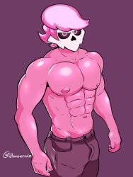 2022 5_fingers baxter7020 baxtertvin black_sclera bottomwear bottomwear_only gay ghost human jeans lewis_the_skeleton looking_at_viewer mask masked_male muscular_male mystery_skulls pink_body pink_eyes pink_hair simple_background skeleton skull_head solo_male tagme topless twitter