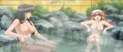 00s 2000s 2000s_and_2010s_style 2004 2d 2girls bathing big_breasts black_hair boobs enjoyment female female_focus female_only hairband hi_res highres hot_spring kisaku kisaku_spirit long_hair long_twintails multiple_girls naked nipples no_clothes nude nude_female outdoors over_480p pink_pineapple red_hair red_hairband relaxing screencap screenshot spa stitched sugimoto_shouko_(kisaku) tits twintails yellow_bowtie yellow_hair_ribbon yuri_himeno