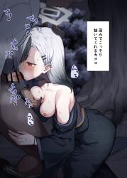 1boy bar_censor black_hair black_kimono blue_archive blush breast_grab breasts censored choker ear_piercing fellatio female gehenna_academy_student grabbing hair_ornament hairclip halo highres horns japanese_clothes kayoko_(blue_archive) kayoko_(new_year)_(blue_archive) kimono long_hair medium_breasts mm_(mm_chair) multicolored_hair nipples obi official_alternate_costume oral penis piercing problem_solver_68_(blue_archive) red_eyes sash solo_focus straight sweat translation_request two-tone_hair white_hair