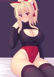 1girls blonde_hair breasts cat_ears cat_girl catgirl cleavage female hi_res huge_breasts leotard light-skinned_female light_skin long_hair naughty_face pointy_chin ponytail red_eyes smile suggestive_look thick_thighs tiffy tiffynyaa wide_hips