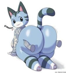 animal_crossing big_ass blue_skin clothed doggy_style feline furry grabbing grabbing_ass legs_together lolly_(animal_crossing) looking_back nintendo tail text ultrastax white_background