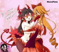 1boy 2girls black_hair bow breasts covered_nipples demon demon_girl demon_horns demon_tail demon_wings fishnets funamusea genderswap_(mtf) hairbow heart_broken horns ivlin ivlis large_breasts long_hair moonplata navel netorare ntr orange_eyes orange_hair ponytail pubic_tattoo red_eyes red_hair rieta rule_63 satanick tail tank_top the_gray_garden two-tone_hair wings yuri