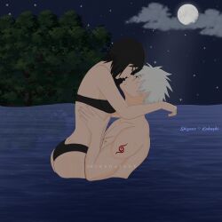 1boy 1girls ass big_ass bikini black_eyes black_hair carrying carrying_partner carrying_position couple female full_moon hatake_kakashi himehatake imminent_kiss looking_at_another male male/female moon moonlight naruto naruto_(series) naruto_shippuden night ocean outdoors partially_submerged romantic romantic_ambiance romantic_couple round_ass shirtless shirtless_(male) shizune short_hair silver_hair stand_and_carry_position standing swimsuit unmasked water