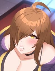 ahoge blacksaikou blush brown_hair choker close-up clothed_female eyebrows_visible_through_hair female hair_over_one_eye kono_subarashii_sekai_ni_shukufuku_wo! large_breasts lich long_hair purple_robe sweatdrop thick_lips uncensored undead wiz_(konosuba) yellow_eyes