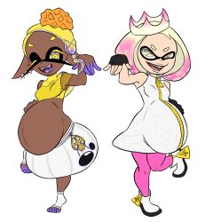 2girls blonde_hair dark-skinned_female deep_cut_(splatoon) frye_(splatoon) inkling looking_at_viewer maikyoh nintendo off_the_hook_(splatoon) pearl_(splatoon) pink_hair pregnant smile splatoon splatoon_2 splatoon_3 tagme tentacle_hair wink