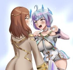 2girls breasts brown_hair female_only fire_emblem fire_emblem_heroes kiran_(fire_emblem) kiran_(fire_emblem)_(female) large_breasts medium_hair multicolored_hair nintendo pregnancy_test pregnant seidr_(fire_emblem) short_hair sweatdrop yellow_eyes yuri zipperqr