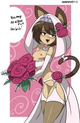 :3 areolae bigdeadalive bouquet bride cat_ears fang flat_chest flower functionally_nude highres imminent_sex lingerie nathy small_breasts stockings tail text wanting_sex