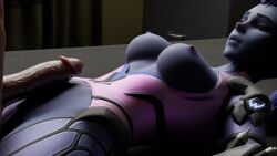 1boy 1girls abs amelie_lacroix breasts character female imminent_sex laying lying lying_on_back male overwatch smile widowmaker