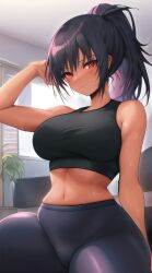 ai_generated black_crop_top black_hair crop_top dark-skinned_female dark_skin digital_media_(artwork) fit fit_female living_room look looking_at_viewer ponytail purple_yoga_pants red_eyes skotlkw smiling sweat sweaty thick_thighs yoga_pants