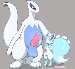 absurd_res admiring anthro balls big_balls big_tail blep blue_body blue_fur blush bodily_fluids brown_eyes deltra duo eeveelution erection excited fur generation_2_pokemon generation_6_pokemon genital_fluids genitals hand_on_tail hi_res legendary_pokemon lugia male male/male male_only nintendo penis penis_in_face pink_eyes pokemon pokemon_(species) precum presenting size_difference sylveon tail tapering_penis tongue tongue_out white_body zakiredlight