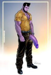 1boy big_penis class_comics deimos_(class_comics) demon facial_hair flaccid hairy_chest horns humanoid male male_focus male_only muscles muscular muscular_male patrick_fillion penis penis_out purple-skinned_male purple_skin solo solo_male