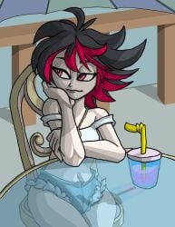 chair drink female original_character short_shorts table tyrranux