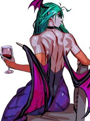 1girls 2d ass back_muscles back_view backless_leotard bat_wings big_ass black_choker black_thong_leotard capcom chair choker clothing cup darkstalkers davecavedraws demon_girl drinking_glass elbow_glvoes female female_only green_eyes green_hair head_wings highres huge_ass humanoid legs leotard light-skinned_female light_skin long_hair looking_to_the_side membranous_wings morrigan_aensland no_sex non-nude orange_elbow_gloves pantyhose purple_pantyhose simple_background sitting solo solo_female succubus thick_thighs thighs thong_leotard voluptuous white_background wine_glass wings