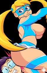 1boy 1girls areolae ass big_ass blonde_hair breasts facesitting nipples rainbow_mika smile societyoftd straight_hair street_fighter thick_thighs thighs twintails wrestler