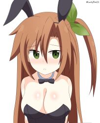 1girls alternate_breast_size arms_behind_back big_breasts blush breasts brown_hair busty cleavage female female_only green_eyes hair_ribbon highres if_(neptunia) large_breasts leafy_bow leotard long_hair neptunia_(series) playboy_bunny rabbit_ears ribbon side_ponytail solo voluptuous