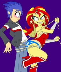 1boy 1girls blush blushing bondage bulge bulge_between_ass_cheeks bulge_through_clothing crossover dc dc_comics equestria_girls erection erection_under_clothes female flash_sentry friendship_is_magic lasso_of_truth leotard male my_little_pony pixel_art sunset_shimmer two_tone_hair tyrranux wonder_woman wonder_woman_(cosplay) wonder_woman_(series)