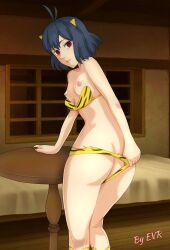 black_clover black_hair cosplay costume excalibur_overdrive horns nude_female panties_down presenting red_eyes removed_clothing secre_swallowtail short_hair