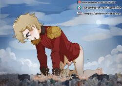 1boy axis_powers_hetalia balls bottomless city confettish cum cum_on_city cumshot destruction ejaculation erect_penis erection femboy giant_femboy giant_male hetalia latvia_(hetalia) light-skinned_male light_skin macro male male_focus penis smooth_skin testicles trap