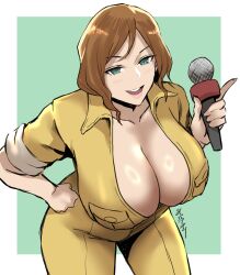 1girls april_o'neil april_o'neil_(tmnt_1987) artist_name big_breasts blush brown_hair cleavage clothing collarbone curvy female female_only green_background hand_on_hip highres hips holding holding_object huge_breasts human japanese_text jumpsuit large_breasts leaning_forward lips looking_at_viewer medium_hair microphone open_mouth pinup seductive shibusun shiny_skin short_sleeves signature simple_background smile solo solo_female teal_eyes teenage_mutant_ninja_turtles teeth text thighs tmnt_1987 tongue voluptuous white_border