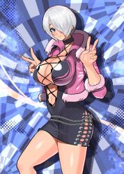 1girls angel_(kof) big_breasts blue_eyes breasts busty cleavage cosplay double_v dress female female_only grey_hair hair_over_one_eye highres jacket king_of_fighters king_of_fighters_xv large_breasts legs looking_at_viewer navel parted_lips shermie_(kof) short_hair smile snk solo thighs v voluptuous