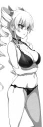 1girls big_breasts bikini breast_hold breasts busty choker claire_harvey cleavage cowboy_shot crossed_arms drill_hair earrings female female_only from_side greyscale groin hair_between_eyes hair_ornament highres hundred jewelry large_breasts long_hair looking_to_the_side monochrome navel official_art ookuma_(nitroplus) open_mouth pose posing scan sensual sidelocks simple_background solo standing string_bikini swimsuit thighs tsurime twin_drills very_long_hair voluptuous white_background