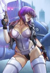 1girls cleavage fingerless_gloves ghost_in_the_shell jacket kusanagi_motoko large_breasts leotard lips looking_at_viewer pistol pose purple_hair raining rankgo standing very_high_resolution wet