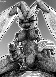 2023 4_fingers absurd_res anthro areola artist_name big_breasts black_and_white breasts cross-hatching duo eyebrows eyelashes female fingers generation_4_pokemon genitals half-closed_eyes handjob hatching_(art) hi_res lopunny male male/female monochrome narrowed_eyes navel nintendo nipples nude open_mouth open_smile penile penis penis_grab pokemon pokemon_(species) protagon pussy sex shaded smile