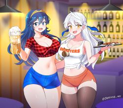 2girls :d absurdres alternate_costume alternate_legwear bar_(place) beer_mug black_thighhighs blue_eyes blue_hair blue_shorts breasts cleavage commentary_request cowboy_shot crop_top cup female female_only fire_emblem fire_emblem:_radiant_dawn fire_emblem_awakening hair_between_eyes highres holding holding_tray hooters indoors jarckius large_breasts long_hair looking_at_viewer lucina_(fire_emblem) micaiah_(fire_emblem) midriff mug multiple_girls navel nintendo open_mouth orange_shorts plaid plaid_shirt red_shirt shirt short_shorts short_sleeves shorts smile standing stomach tank_top thighhighs thighs tiara tied_shirt tray very_long_hair waitress white_hair white_tank_top yellow_eyes