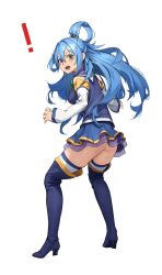 ! 1girls aqua_(konosuba) ass back_view beeeeen blue_eyes blue_hair clothing drooling female female_only high_heel_boots kono_subarashii_sekai_ni_shukufuku_wo! long_hair looking_at_viewer looking_back looking_back_at_viewer miniskirt open_mouth rear_view solo surprised surprised_expression white_background